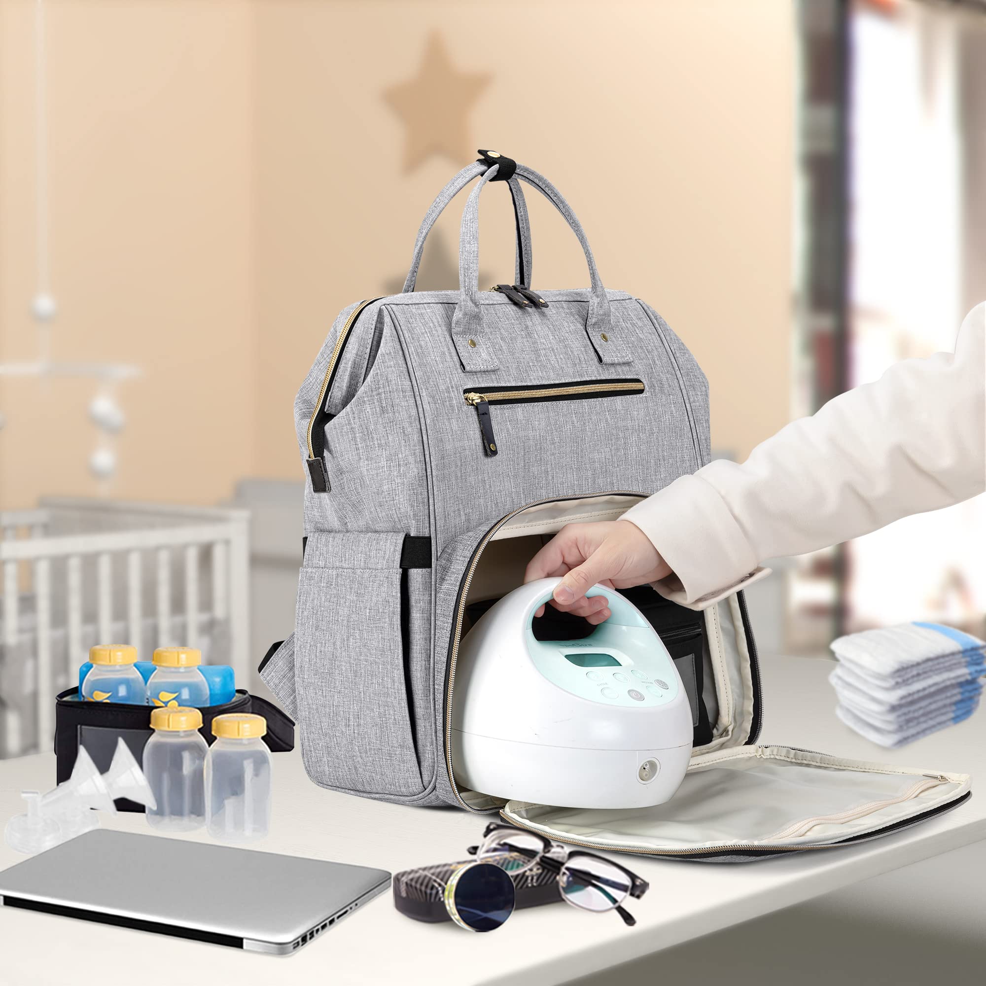 Damero Breast Pump Backpack, Pumping Bag with Laptop Sleeve and Multiple Pockets, Fits Most Brands Breast Pumps and Cooler Bag, Gray, Patent Design