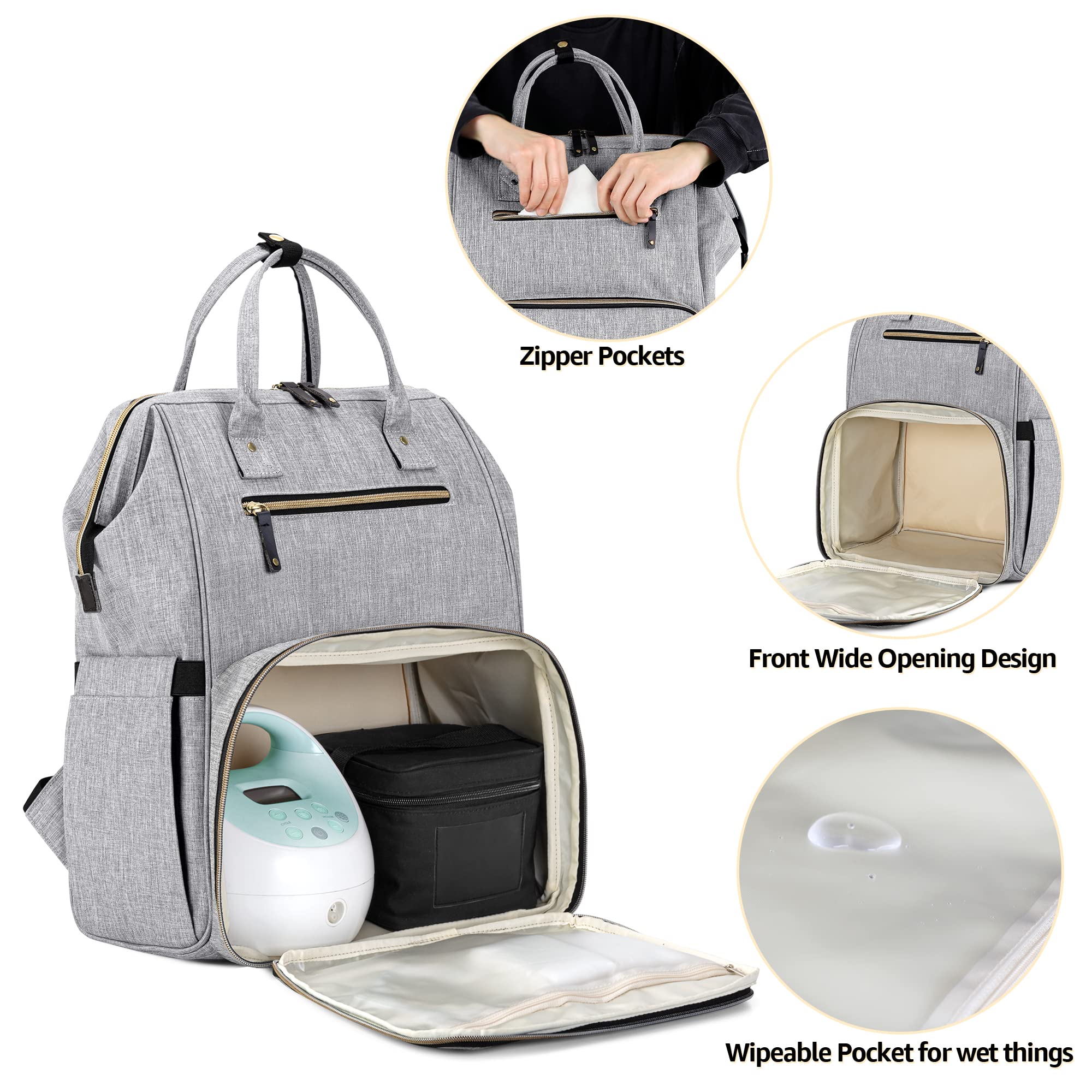 Damero Breast Pump Backpack, Pumping Bag with Laptop Sleeve and Multiple Pockets, Fits Most Brands Breast Pumps and Cooler Bag, Gray, Patent Design