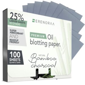 premium natural bamboo charcoal oil blotting sheets for face - 1x100 sheets with extra large 5x3" thick blotting paper for oily skin - dispensable portable pack - reduce skin acne - makeup friendly