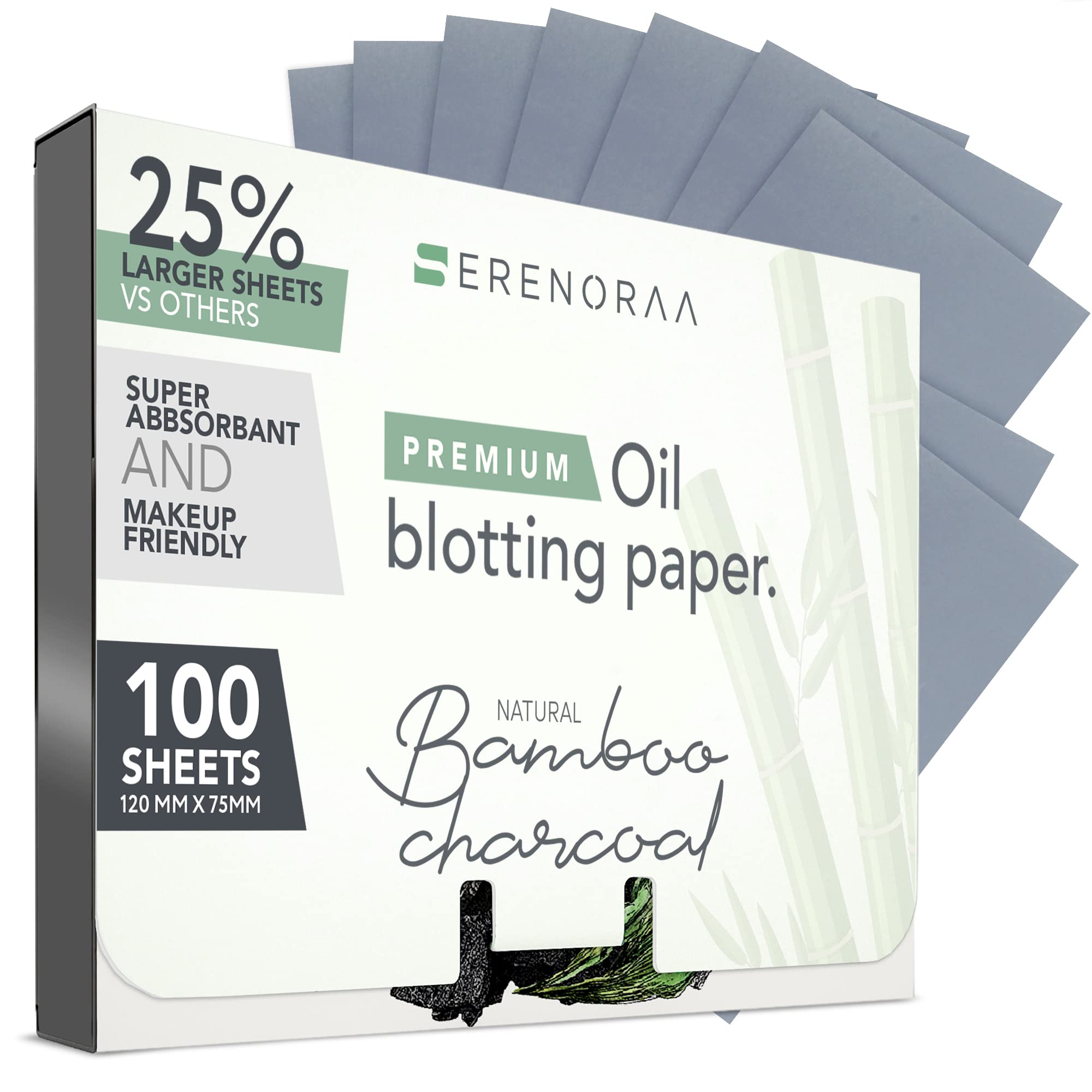 Premium Natural Bamboo Charcoal Oil Blotting Sheets for Face - 1x100 Sheets with Extra Large 5x3" Thick Blotting Paper for Oily Skin - Dispensable Portable Pack - Reduce Skin Acne - Makeup Friendly