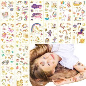 aniuvot glitter temporary tattoos for girls boys kids birthday party favor supplies 16 sheets, children gold metallic body decoration stickers - rainbow, butterflies, space styles…