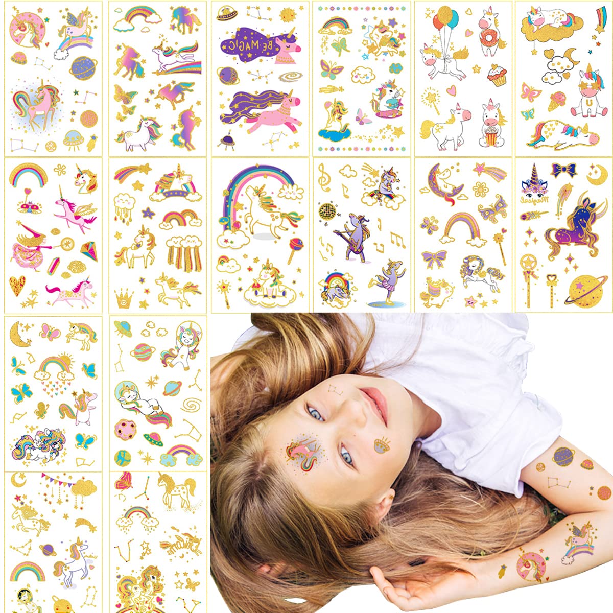 Aniuvot Glitter Temporary Tattoos for Girls Boys Kids Birthday Party Favor Supplies 16 Sheets, Children Gold Metallic Body Decoration Stickers - Rainbow, Butterflies, Space Styles…