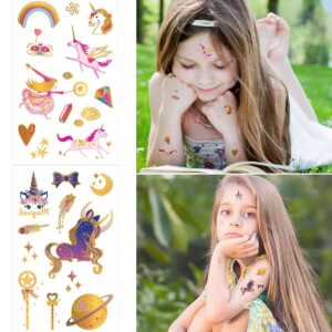 Aniuvot Glitter Temporary Tattoos for Girls Boys Kids Birthday Party Favor Supplies 16 Sheets, Children Gold Metallic Body Decoration Stickers - Rainbow, Butterflies, Space Styles…