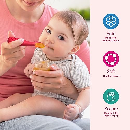 Silicone Baby Spoon Set | Baby Spoons Self Feeding 6 Months | BPA Free Baby Led Weaning Spoons Stage 1 & 2 for Kids 6+ Months | Silicone Baby Feeding Spoon Set - 4 Spoons, Dark/Light Pink