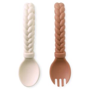 itzy ritzy silicone spoon & fork set; baby utensil set features a fork and spoon with looped, braided handles; made of 100% food grade silicone & bpa-free; ages 6 months and up, buttercream and toffee