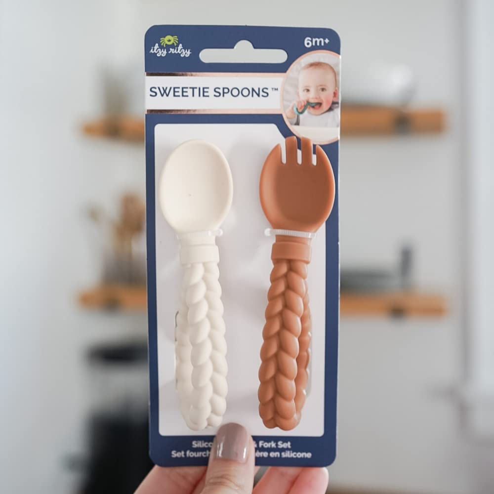 Itzy Ritzy Silicone Spoon & Fork Set; Baby Utensil Set Features A Fork and Spoon with Looped, Braided Handles; Made of 100% Food Grade Silicone & BPA-Free; Ages 6 Months and Up, Buttercream and Toffee