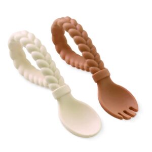 Itzy Ritzy Silicone Spoon & Fork Set; Baby Utensil Set Features A Fork and Spoon with Looped, Braided Handles; Made of 100% Food Grade Silicone & BPA-Free; Ages 6 Months and Up, Buttercream and Toffee