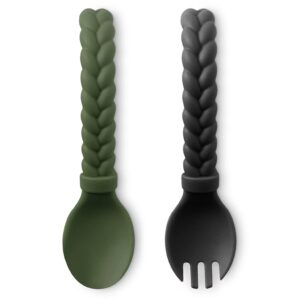 itzy ritzy silicone spoon & fork set; baby utensil set features a fork and spoon with looped, braided handles; made of 100% food grade silicone & bpa-free; ages 6 months and up, camo/midnight