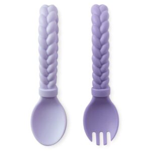 itzy ritzy silicone spoon & fork set; baby utensil set features a fork and spoon with looped, braided handles; made of 100% food grade silicone & bpa-free; ages 6 months and up, amethyst/purple
