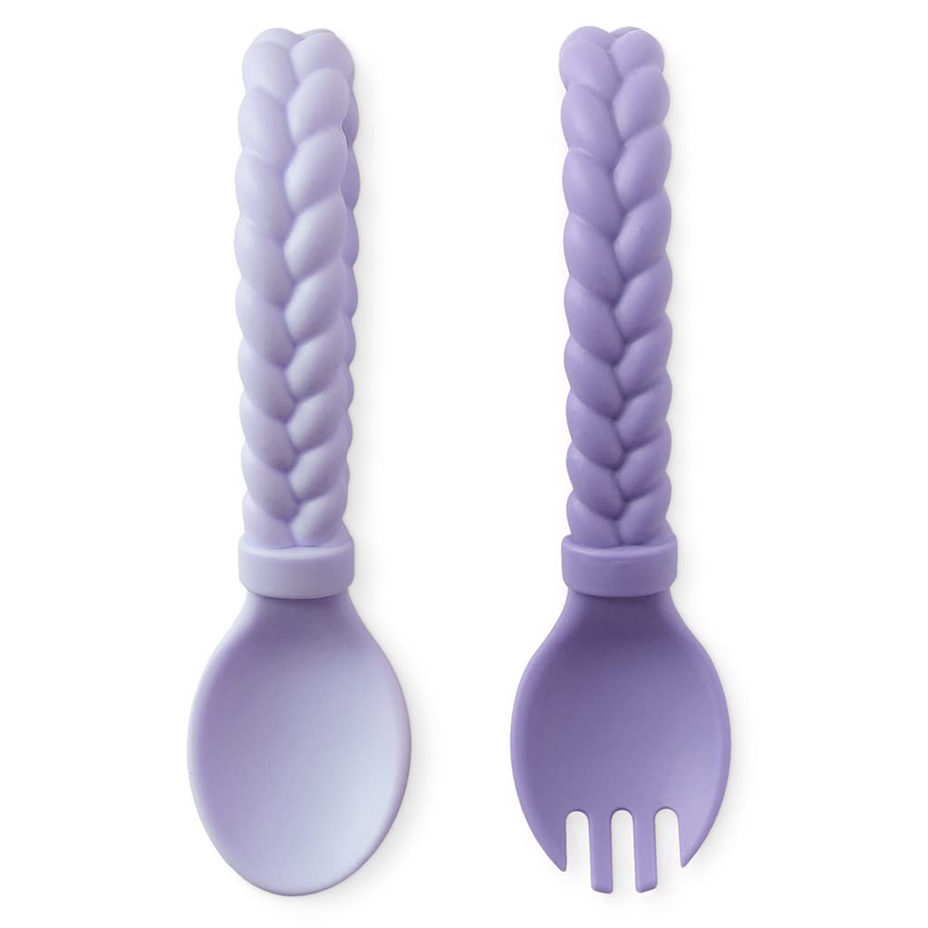 Itzy Ritzy Silicone Spoon & Fork Set; Baby Utensil Set Features A Fork and Spoon with Looped, Braided Handles; Made of 100% Food Grade Silicone & BPA-Free; Ages 6 Months and Up, Amethyst/Purple