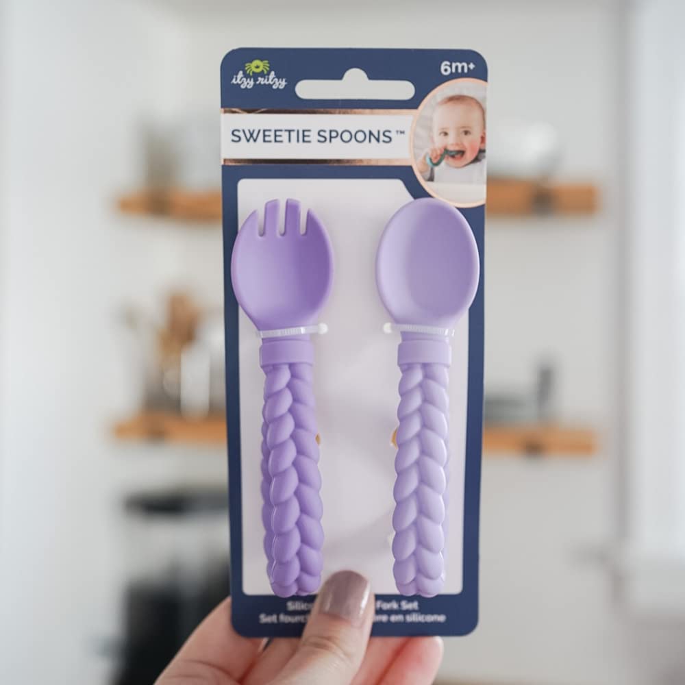 Itzy Ritzy Silicone Spoon & Fork Set; Baby Utensil Set Features A Fork and Spoon with Looped, Braided Handles; Made of 100% Food Grade Silicone & BPA-Free; Ages 6 Months and Up, Amethyst/Purple