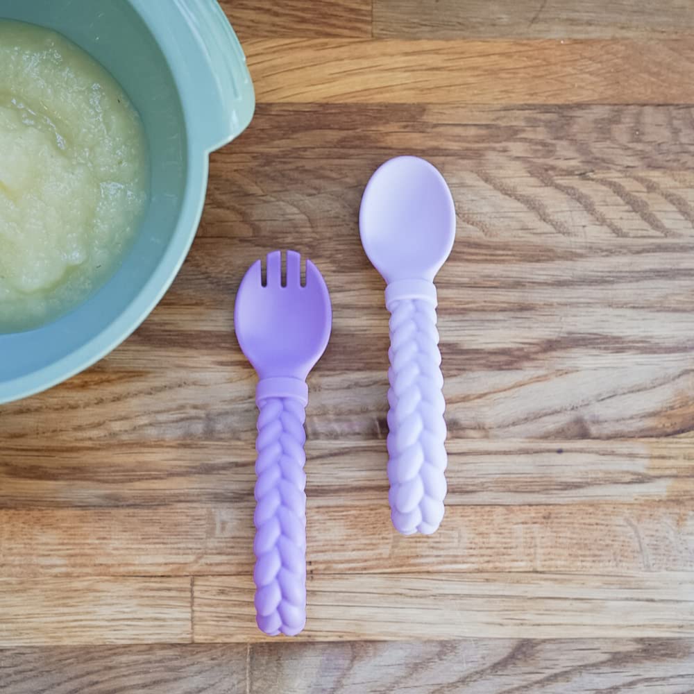 Itzy Ritzy Silicone Spoon & Fork Set; Baby Utensil Set Features A Fork and Spoon with Looped, Braided Handles; Made of 100% Food Grade Silicone & BPA-Free; Ages 6 Months and Up, Amethyst/Purple