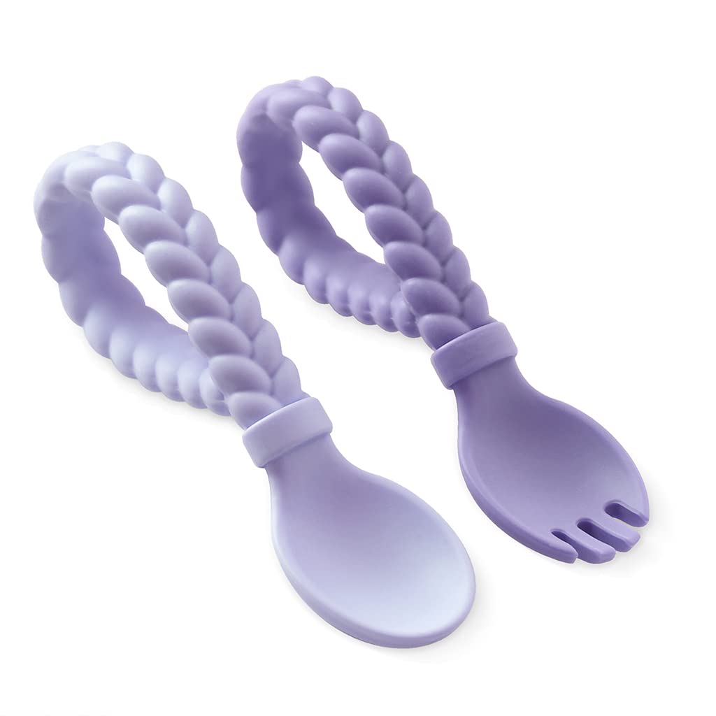 Itzy Ritzy Silicone Spoon & Fork Set; Baby Utensil Set Features A Fork and Spoon with Looped, Braided Handles; Made of 100% Food Grade Silicone & BPA-Free; Ages 6 Months and Up, Amethyst/Purple