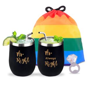 mr and mr wine tumbler set, gay couple gifts for men, engagement wedding anniversary house warming lgbt gift idea - pride couple, mr always right (black)