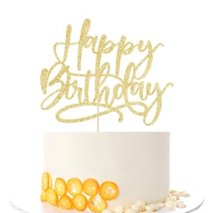 kaoenla happy birthday cake topper, golden glitter happy birthday cake decorationsuitable for party decoration for anniversary/birthday (golden)