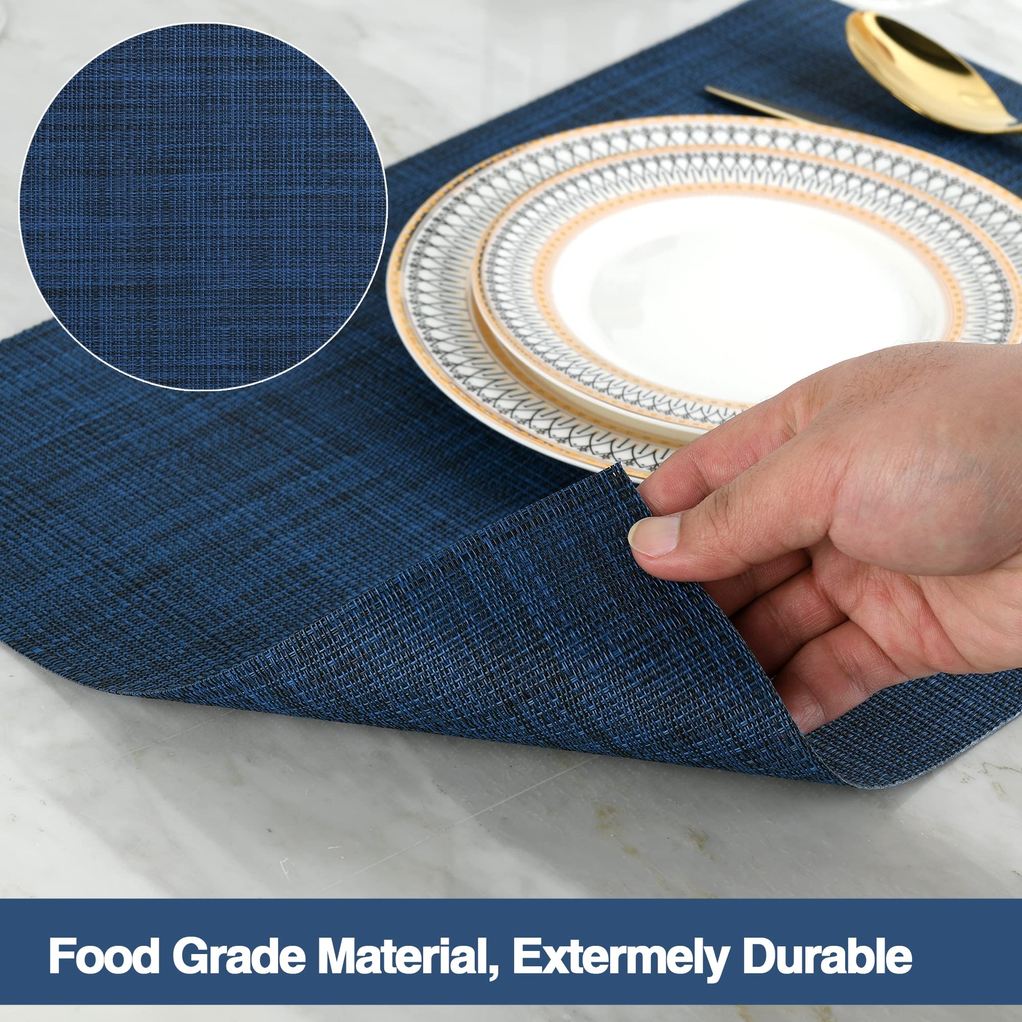 SLKQG Navy Blue Placemats Set of 4 - Easy Clean Washable Vinyl Placemats - Wipeable Heat Resistant Table Mats for Dining Table - 17x12 Inch (Navy Blue, 4)