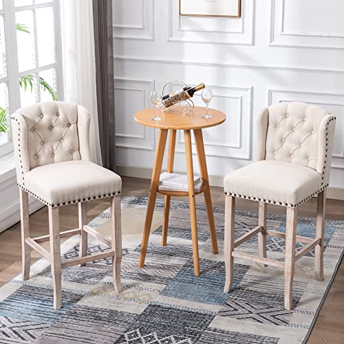 DUOMAY Classic Tufted 30 Inch Bar Stools Set of 2, Linen Upholstered Counter Chairs with Back, Armless Barstools Breakfast Stools W/Solid Wood Legs for Kitchen Island Lounge Pub Bar, Beige