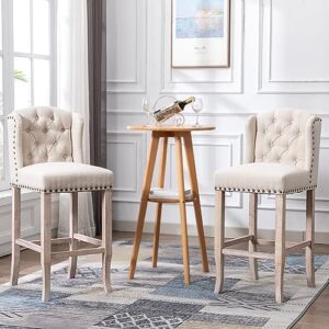 duomay classic tufted 30 inch bar stools set of 2, linen upholstered counter chairs with back, armless barstools breakfast stools w/solid wood legs for kitchen island lounge pub bar, beige