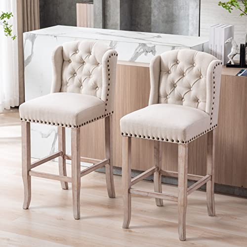 DUOMAY Classic Tufted 30 Inch Bar Stools Set of 2, Linen Upholstered Counter Chairs with Back, Armless Barstools Breakfast Stools W/Solid Wood Legs for Kitchen Island Lounge Pub Bar, Beige