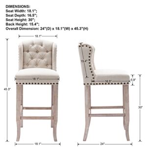 DUOMAY Classic Tufted 30 Inch Bar Stools Set of 2, Linen Upholstered Counter Chairs with Back, Armless Barstools Breakfast Stools W/Solid Wood Legs for Kitchen Island Lounge Pub Bar, Beige