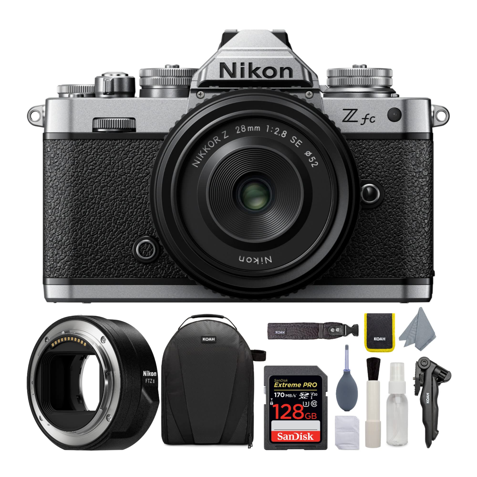 Nikon Z fc DX-Format Mirrorless Camera Body with NIKKOR Z 28mm f/2.8 Lens (SE) Bundle with FTZ II Mount Adapter, Camera Bag, Memory Card and Photography Cleaning Kit (5 Items)