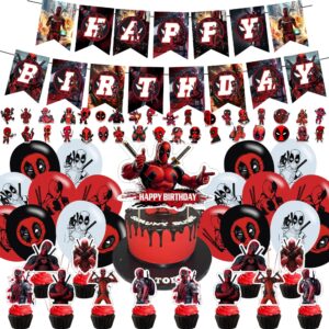 Deadpool Party Decorations,Birthday Party Supplies For Deadpool Party Supplies Includes Banner - Cake Topper - 12 Cupcake Toppers - 18 Balloons - 50 Deadpool Stickers