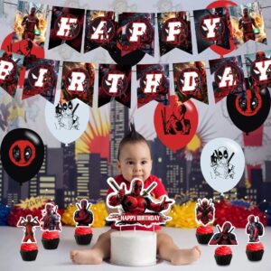 Deadpool Party Decorations,Birthday Party Supplies For Deadpool Party Supplies Includes Banner - Cake Topper - 12 Cupcake Toppers - 18 Balloons - 50 Deadpool Stickers