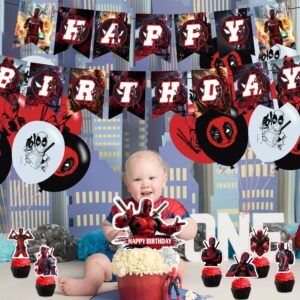 Deadpool Party Decorations,Birthday Party Supplies For Deadpool Party Supplies Includes Banner - Cake Topper - 12 Cupcake Toppers - 18 Balloons - 50 Deadpool Stickers