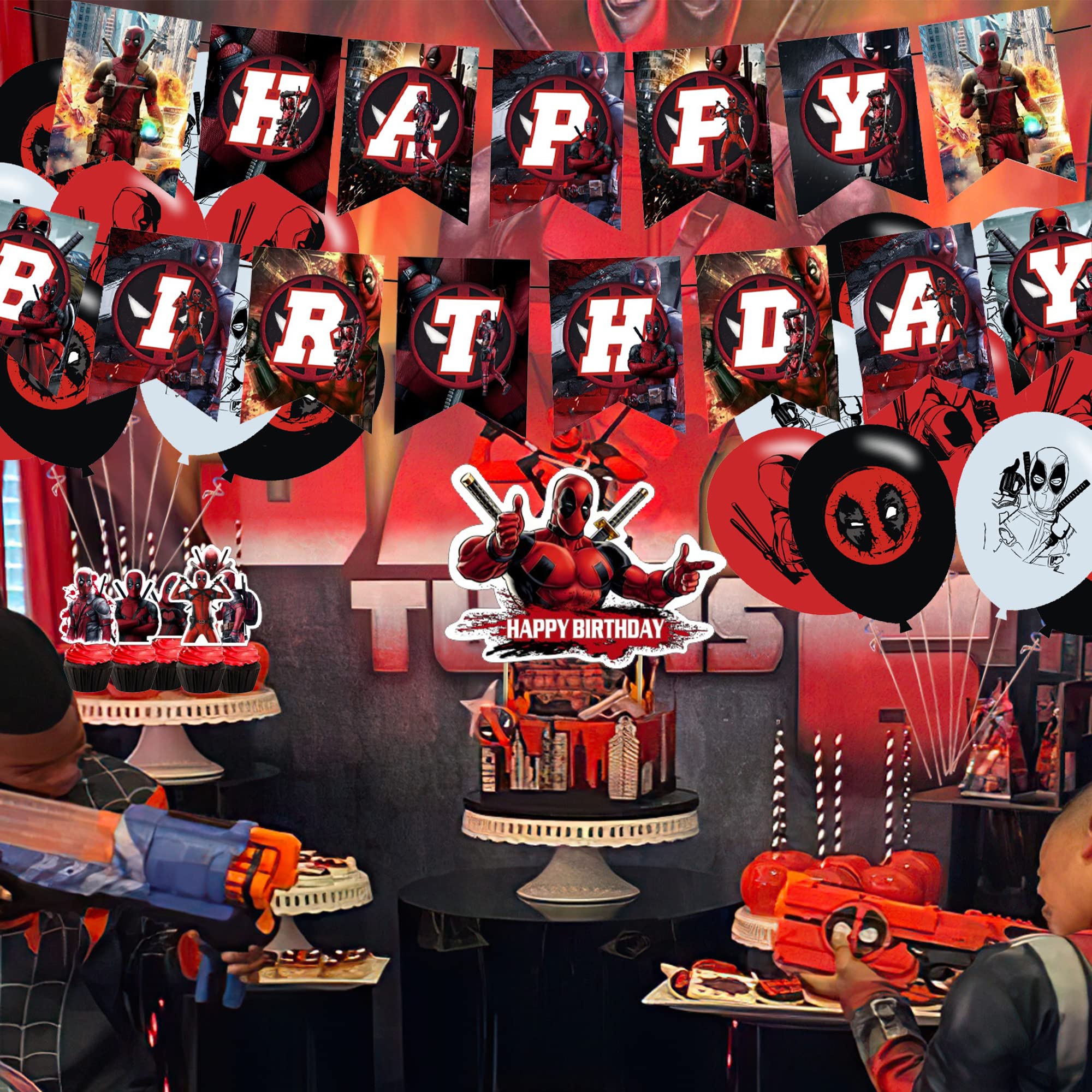 Deadpool Party Decorations,Birthday Party Supplies For Deadpool Party Supplies Includes Banner - Cake Topper - 12 Cupcake Toppers - 18 Balloons - 50 Deadpool Stickers