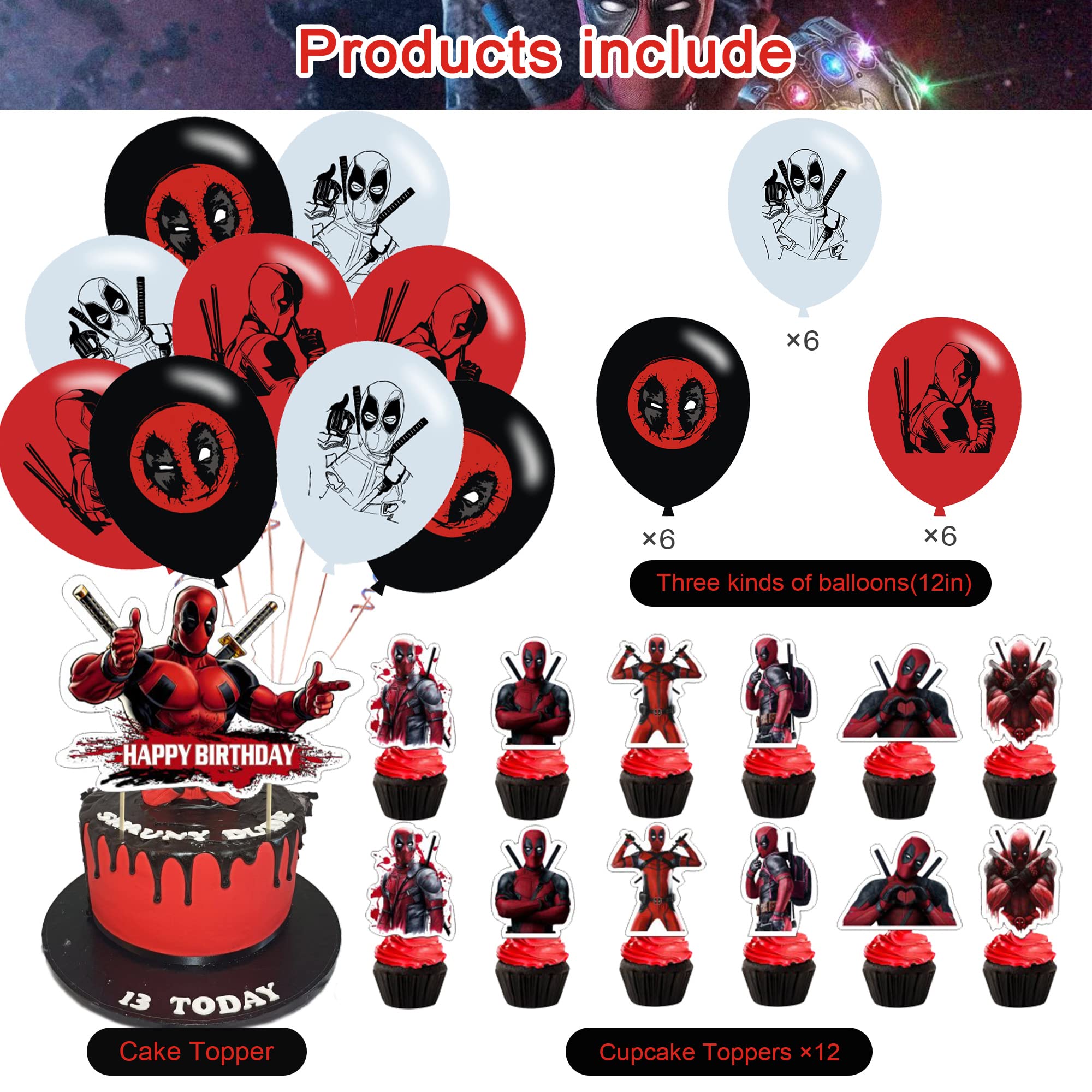 Deadpool Party Decorations,Birthday Party Supplies For Deadpool Party Supplies Includes Banner - Cake Topper - 12 Cupcake Toppers - 18 Balloons - 50 Deadpool Stickers