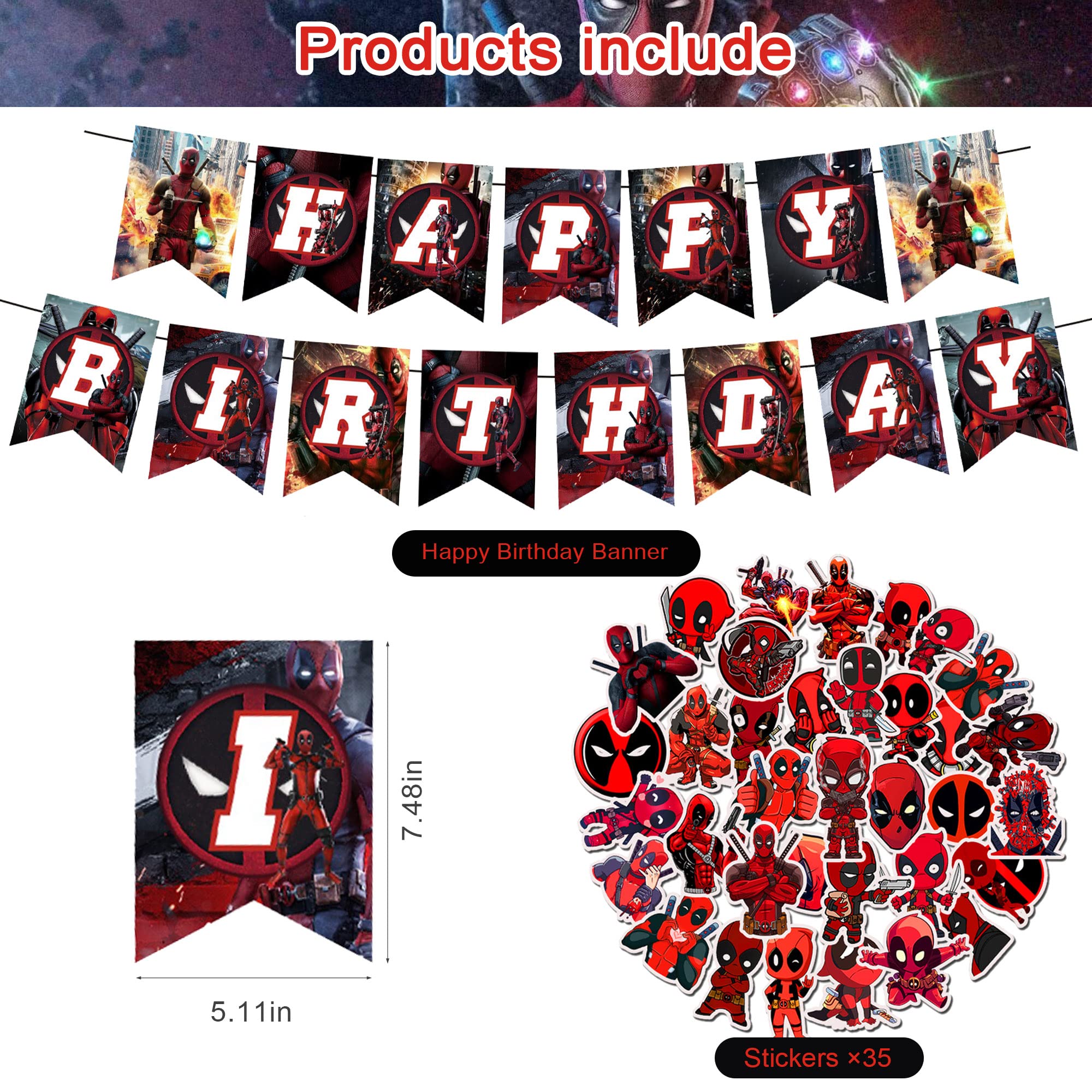 Deadpool Party Decorations,Birthday Party Supplies For Deadpool Party Supplies Includes Banner - Cake Topper - 12 Cupcake Toppers - 18 Balloons - 50 Deadpool Stickers