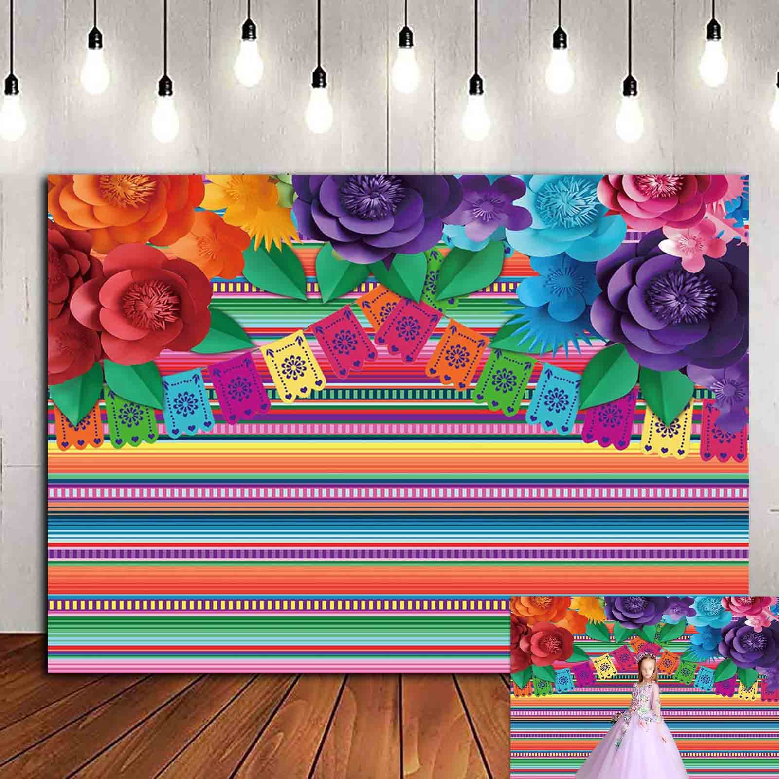 Fabric Mexican Fiesta Color Stripes Paper Flower Photo Background Cinco De Mayo Party Wedding Decor Photography Backdrops Baby Shower Studio Shoot Props