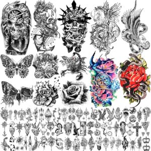 soovsy 70 sheets temporary tattoos adult, snake half sleeve tattoos for men, flower fake tattoos, long lasting skull tattoos temporary realistic with eagle insect for women girls