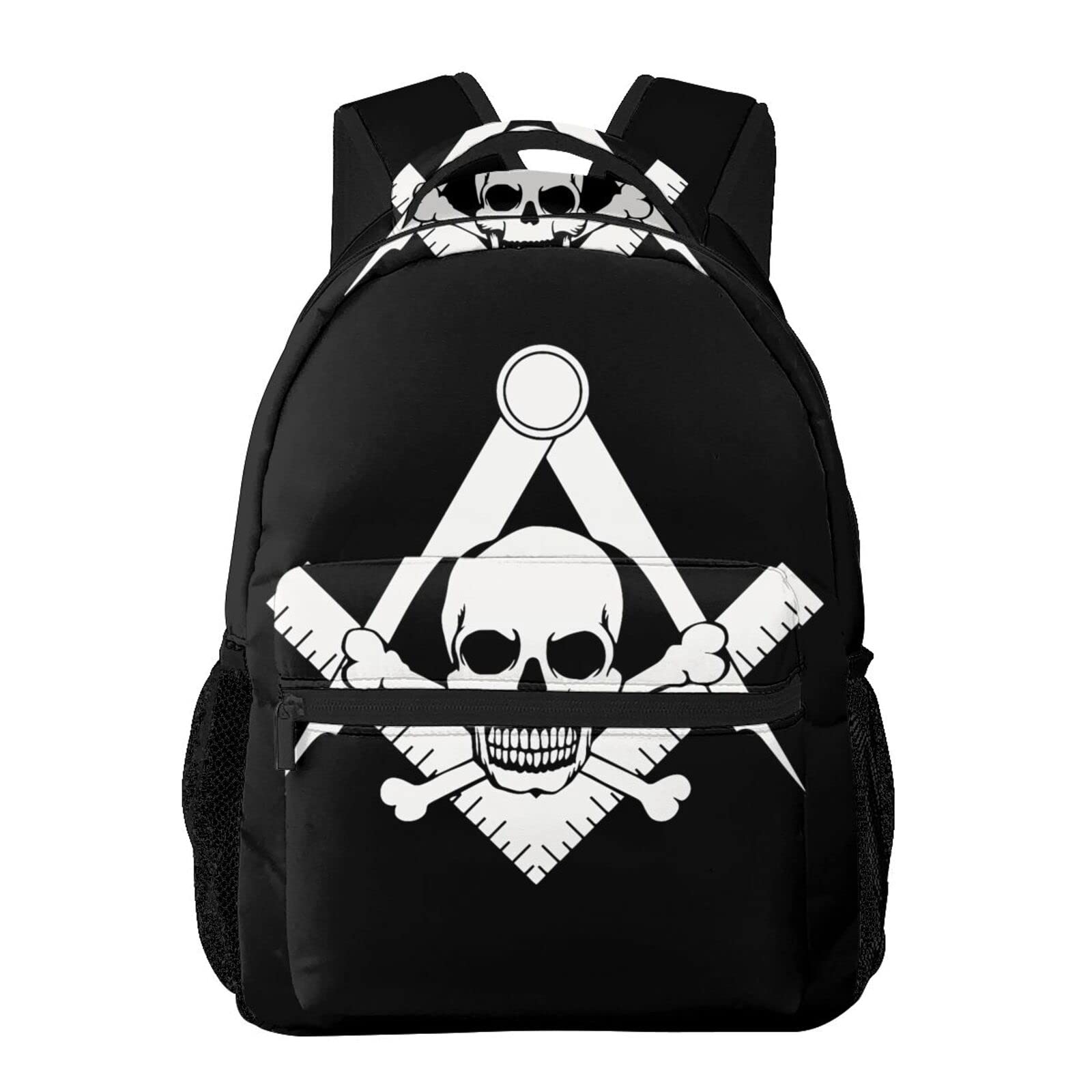 Gesey-R4T Cool Skull Freemason Logo Black Pattern Casual School Backpack Bag, Laptop Hiking Travel Shoulder Daypack College Bookbag for Men Woman Girls Boys Teens