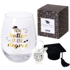 corcup 2024 graduation wine glass gift with keychain- now hotter by one degree - 15oz stemless wine glass great gift for college and high school graduates