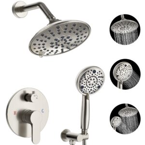 embather shower faucets sets complete, with 3 setting high pressure shower head combo, bathroom wall mounted rainfall shower system fixtures with 8-mode handheld spray, brushed nickel