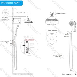 EMBATHER Shower Faucets Sets Complete, with 3 Setting High Pressure Shower Head Combo, Bathroom Wall Mounted Rainfall Shower System Fixtures with 8-Mode Handheld Spray, Brushed Nickel