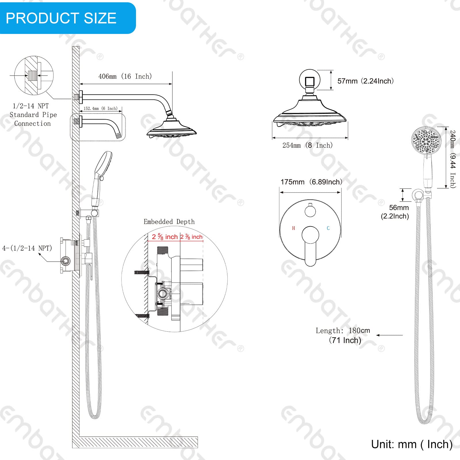 EMBATHER Shower Faucets Sets Complete, with 3 Setting High Pressure Shower Head Combo, Bathroom Wall Mounted Rainfall Shower System Fixtures with 8-Mode Handheld Spray, Brushed Nickel