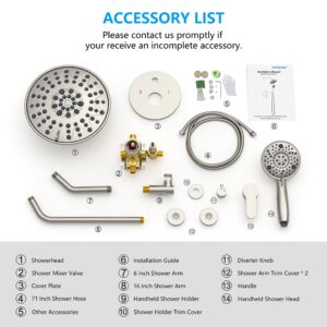 EMBATHER Shower Faucets Sets Complete, with 3 Setting High Pressure Shower Head Combo, Bathroom Wall Mounted Rainfall Shower System Fixtures with 8-Mode Handheld Spray, Brushed Nickel