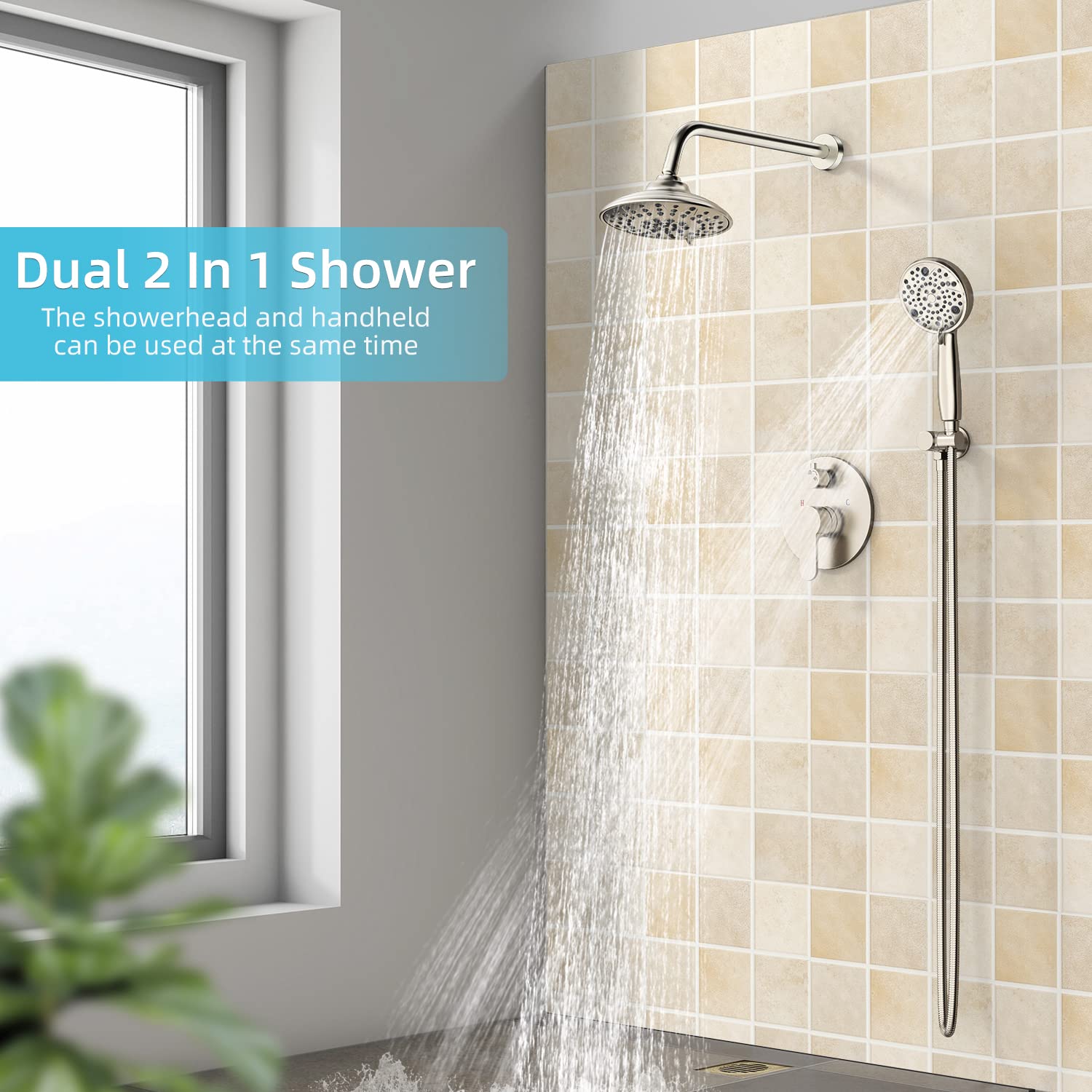 EMBATHER Shower Faucets Sets Complete, with 3 Setting High Pressure Shower Head Combo, Bathroom Wall Mounted Rainfall Shower System Fixtures with 8-Mode Handheld Spray, Brushed Nickel