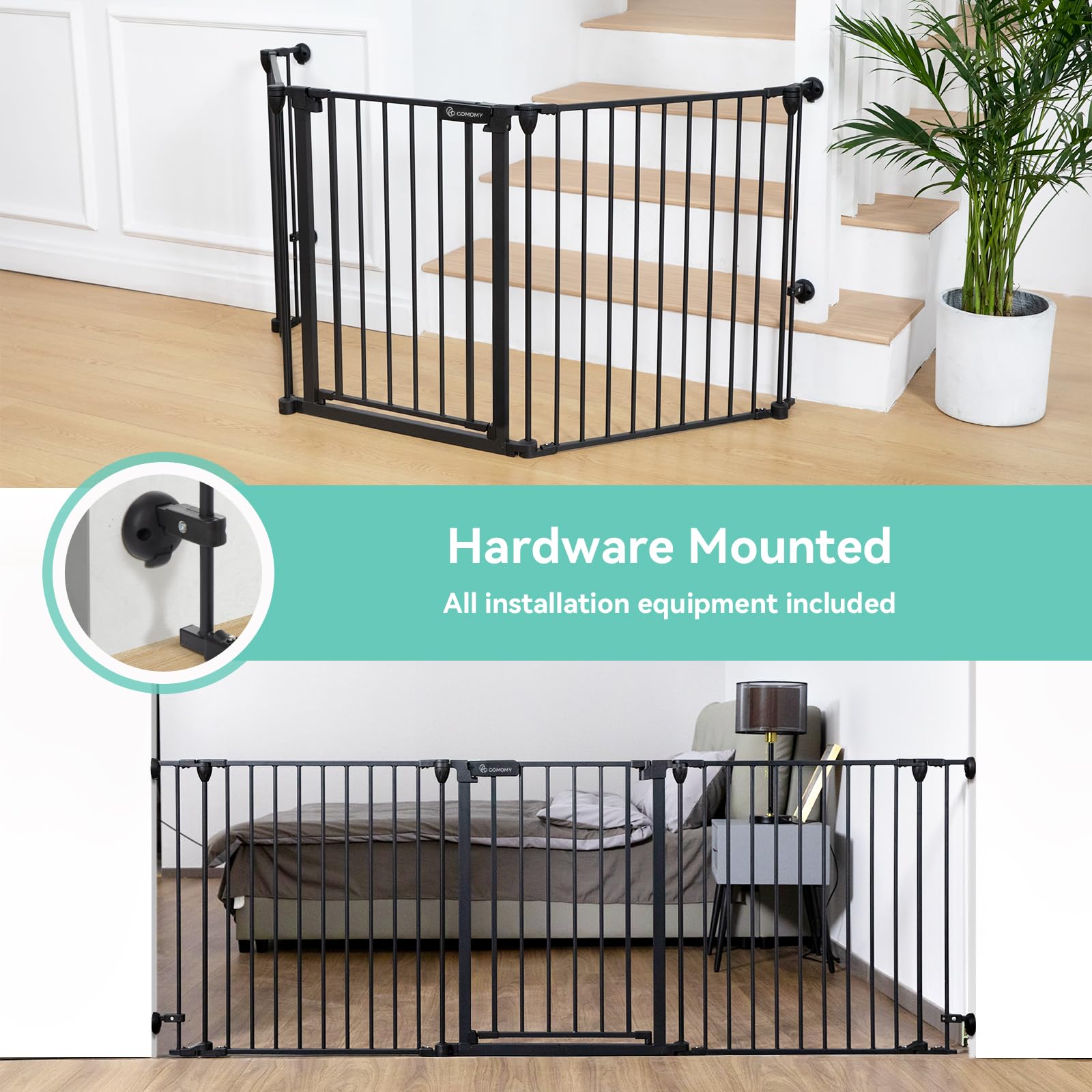 COMOMY 80" Extra Wide Baby Gate, Dog Gate for House Stairs Doorways Fireplace, Auto Close Pet Gate with Door Walk Through, 3 Metal Panels, Hardware Mounted Baby Fence Indoor Outdoor(30" Tall, Black)