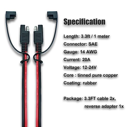 Ihurllu SAE Extension Cable, 3.3Feet SAE to SAE Extension Cord, 14AWG 2pin Quick Disconnect Harness Wire for Solar Panel and Battery Charging, 2PACK with One Reverse Polarity Connector