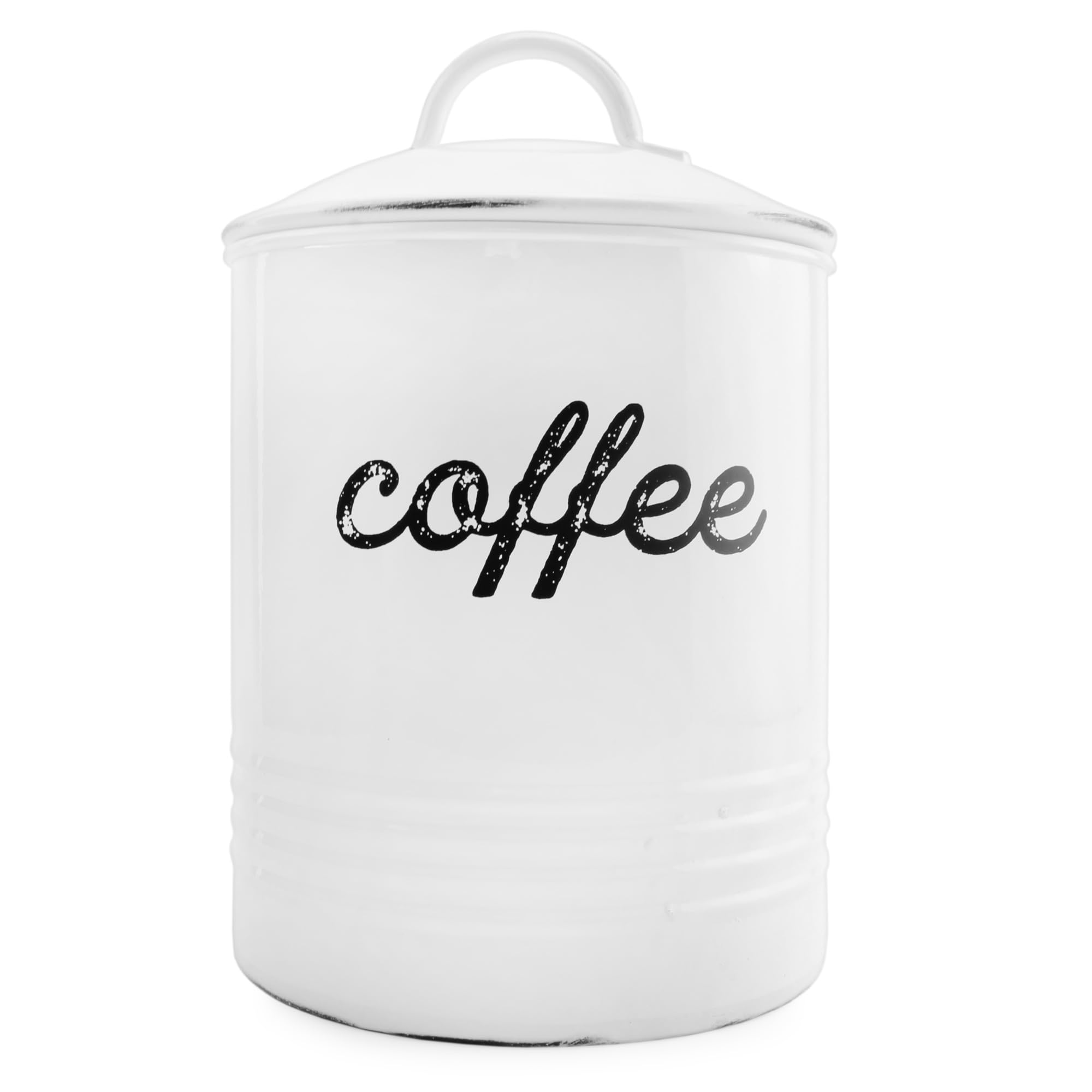 AuldHome Enamelware White Coffee Canister; Rustic Distressed Style Tea Storage for Kitchen