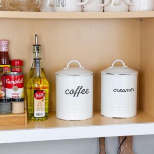 AuldHome Enamelware White Coffee Canister; Rustic Distressed Style Tea Storage for Kitchen