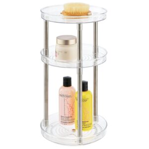 mdesign spinning 3-tier lazy susan 360 rotating makeup organizer storage tower - beauty cosmetic organization caddy for bathroom vanity, countertop, makeup table - ligne collection - clear/matte black