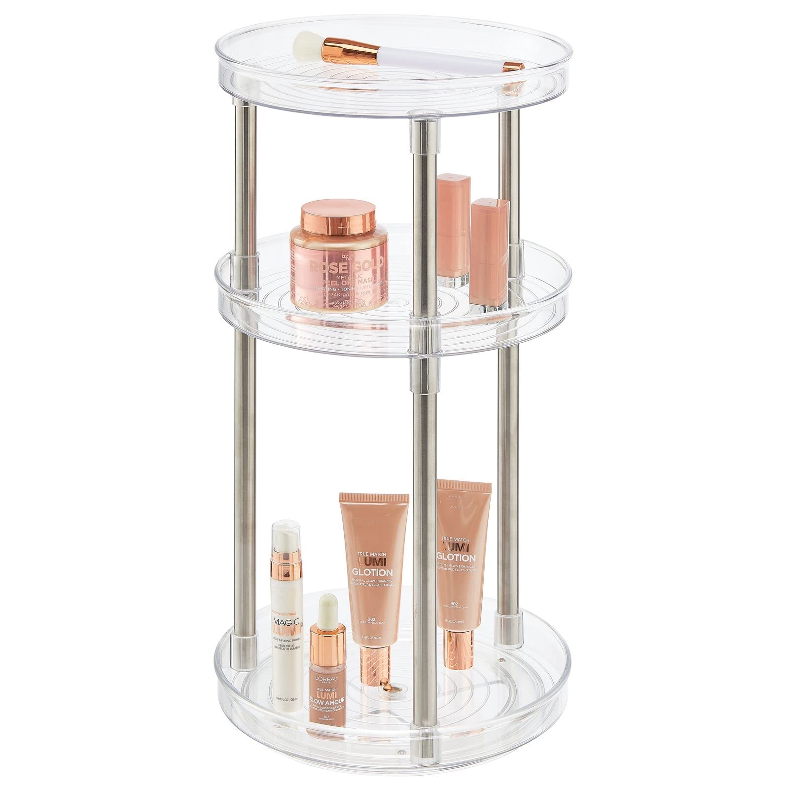 mDesign Spinning 3-Tier Lazy Susan 360 Rotating Makeup Organizer Storage Tower - Beauty Cosmetic Organization Caddy for Bathroom Vanity, Countertop, Makeup Table - Ligne Collection - Clear/Matte Black