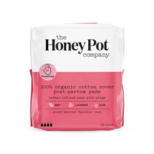 the honey pot company - herbal postpartum pads w/wings - full coverage -infused w/essential oils for cooling effect, organic cotton cover, & ultra-absorbent - postpartum essentials - 12ct