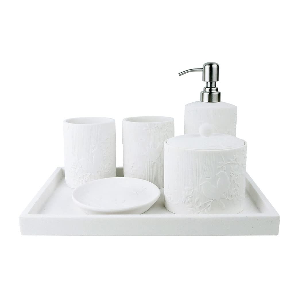 HNSYYUEYOU Bathroom Supplies Soap Dispenser Set Mouthwash Cup Soap Dispenser Soap Dish Cotton Swab Canister with Tray Six-Piece Washing Set (Color : White)