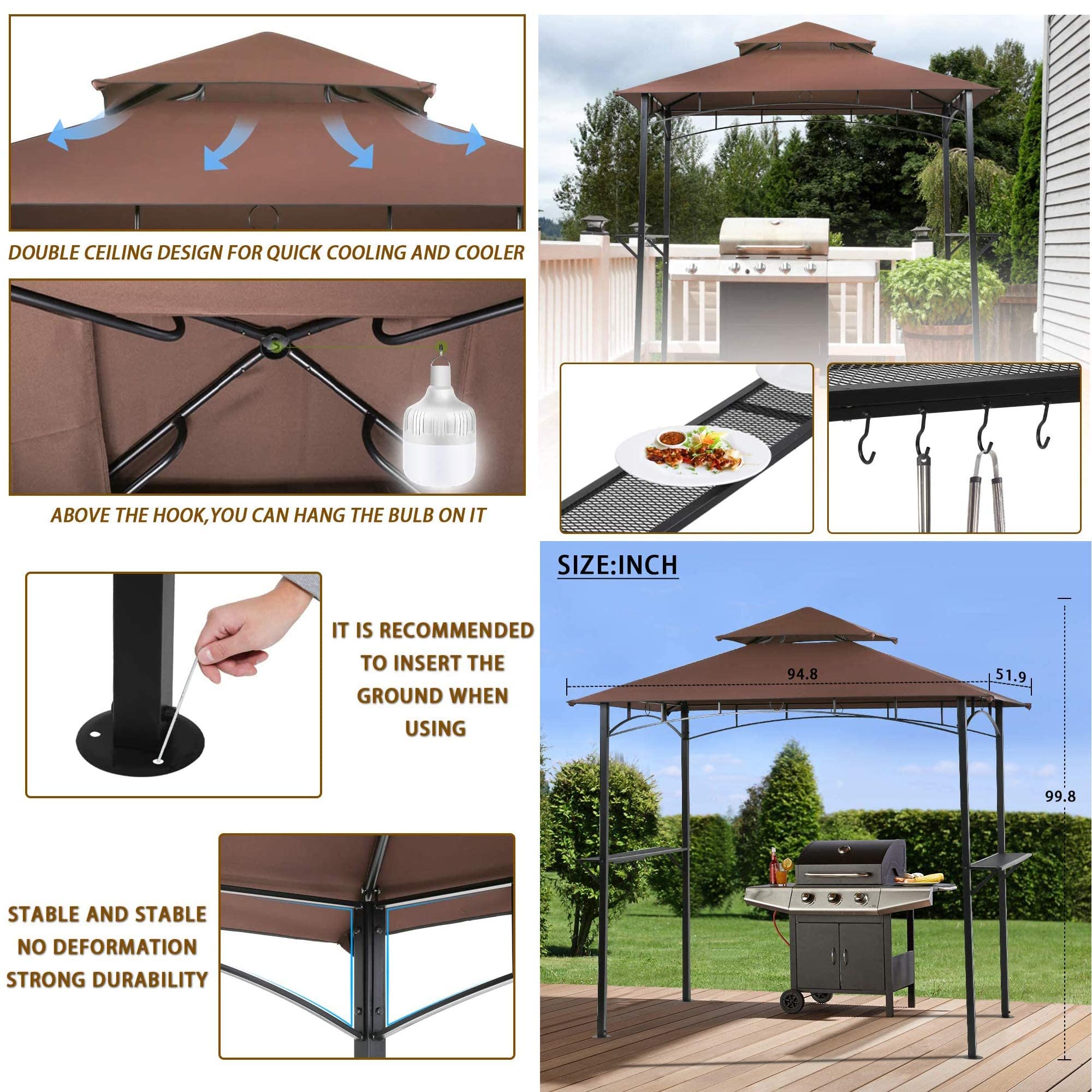 Grill Gazebo Shelter, 8'x 5 Gazebo Canopy Tent with Double Tier Soft Top and Steel Frame Canopy for Party BBQ Backyard Patio Outdoor Gazebo, Easy to Assemble, Elegant Design, Good Stability, Brown