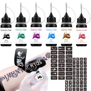 temporary tattoos kit, permanent tattoo, 6 bottles with 148 pcs adhesive stencil for women kids men body markers - 6 bcolors (black/red/blue/green/brown/purple)